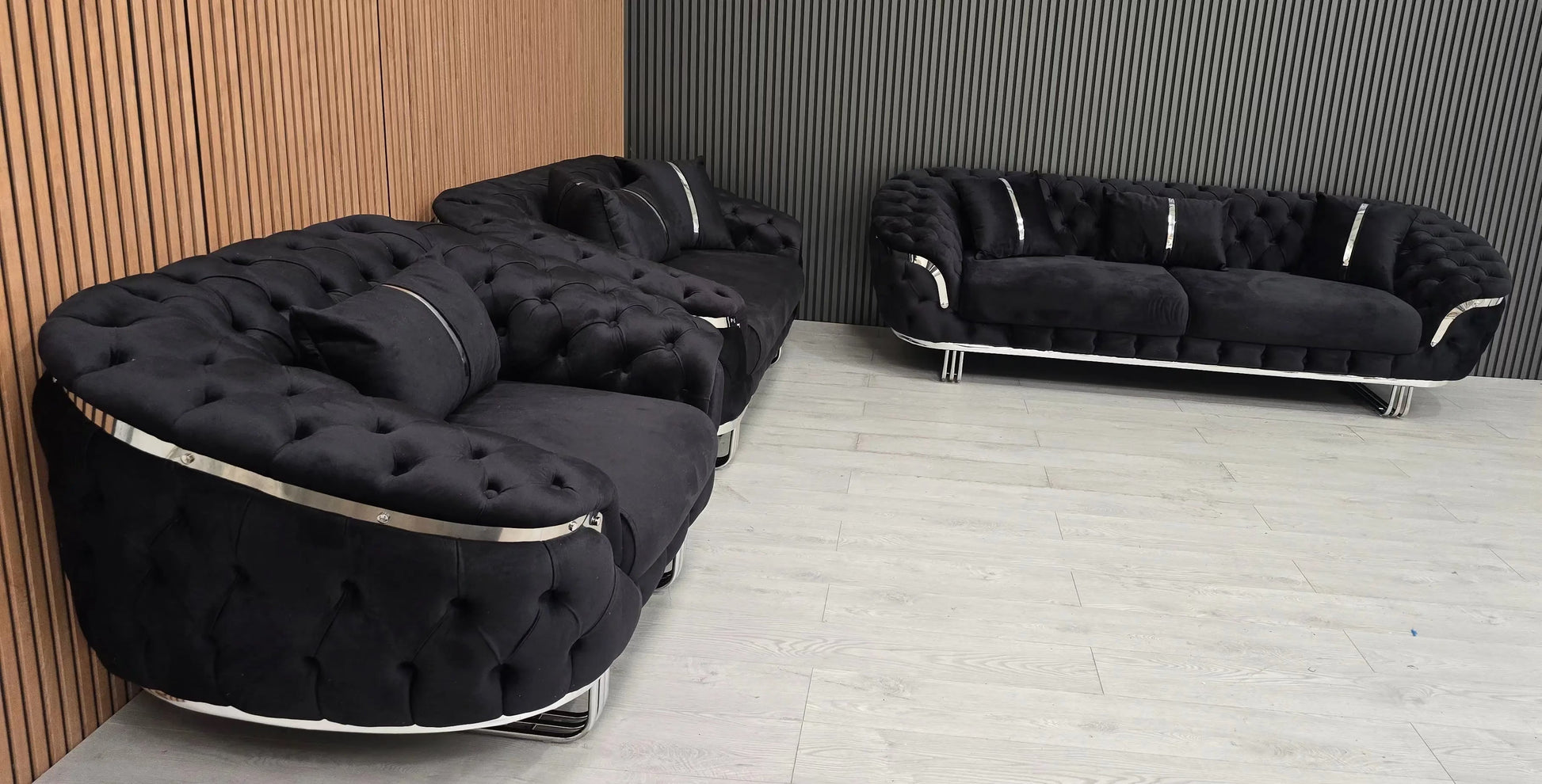 Kingston 3+2+1 Black Velvet Sofa Set – Chrome Detailing | Luxury Modern Suite
