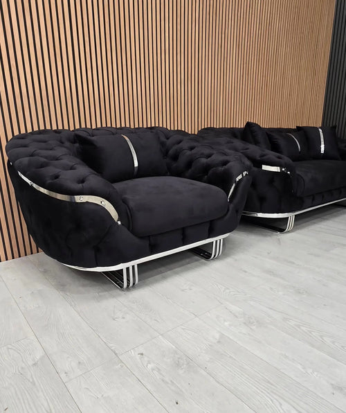 Kingston 3+2+1 Black Velvet Sofa Set – Chrome Detailing | Luxury Modern Suite