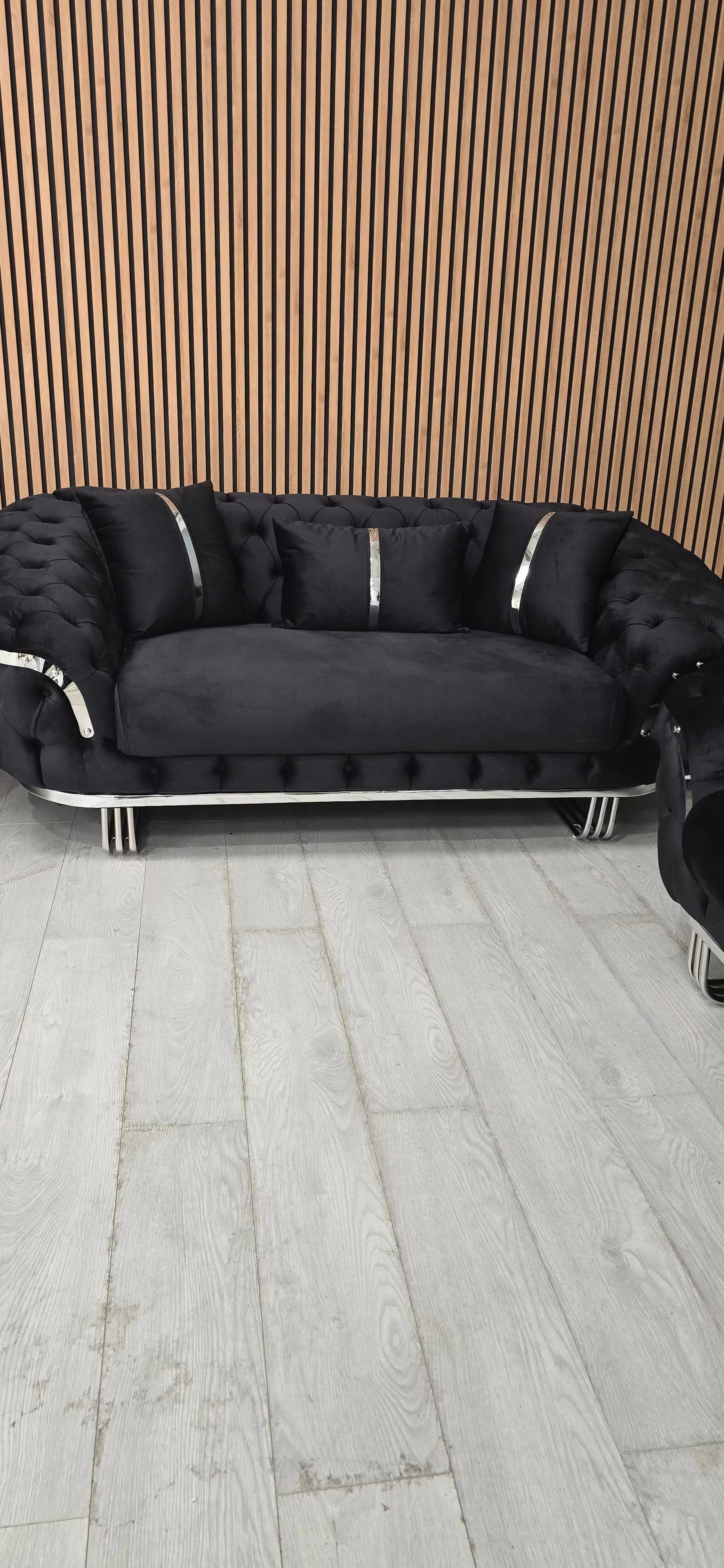 Kingston 3+2+1 Black Velvet Sofa Set – Chrome Detailing | Luxury Modern Suite
