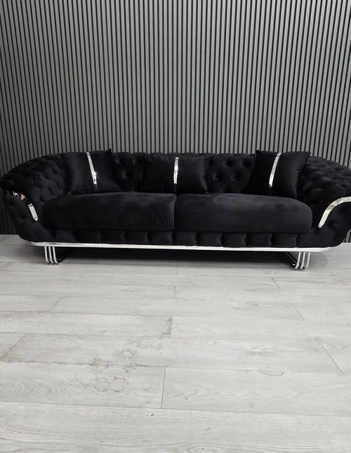 Kingston 3+2+1 Black Velvet Sofa Set – Chrome Detailing | Luxury Modern Suite