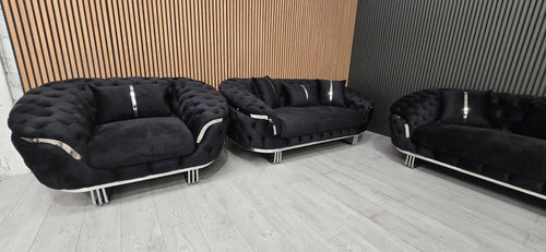 Kingston 3+2+1 Black Velvet Sofa Set – Chrome Detailing | Luxury Modern Suite
