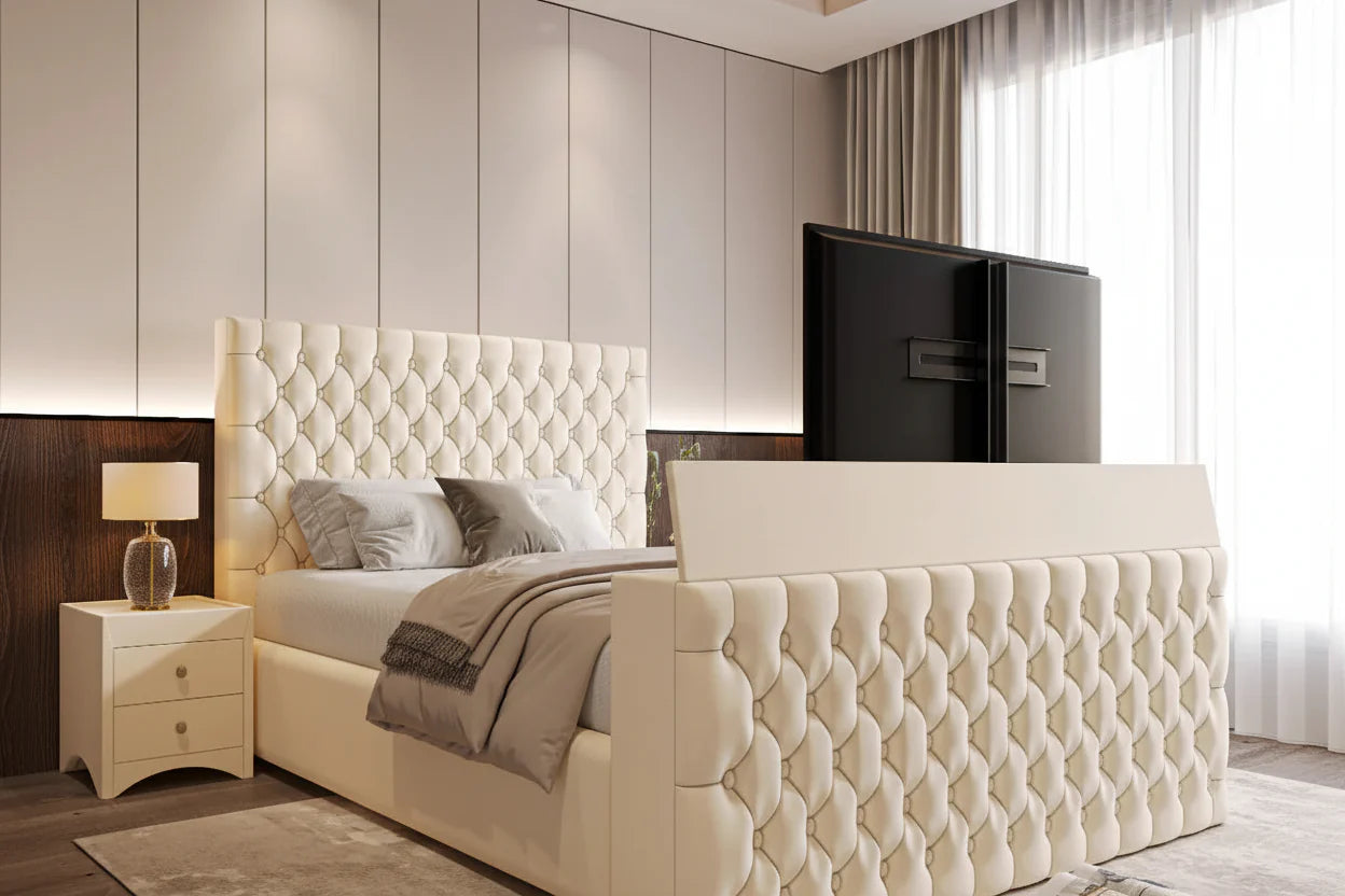Alexandra TV Bed Frame with Integrated TV Lift – Upholstered Velvet