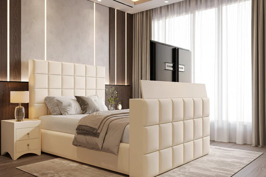 Cube Style TV Bed Frame with Integrated TV Lift – Upholstered Velvet