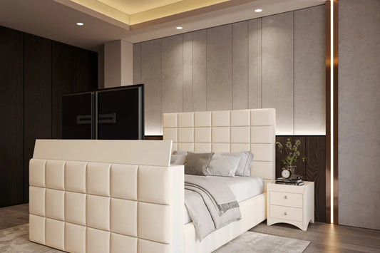Cube Style TV Bed Frame with Integrated TV Lift – Upholstered Velvet