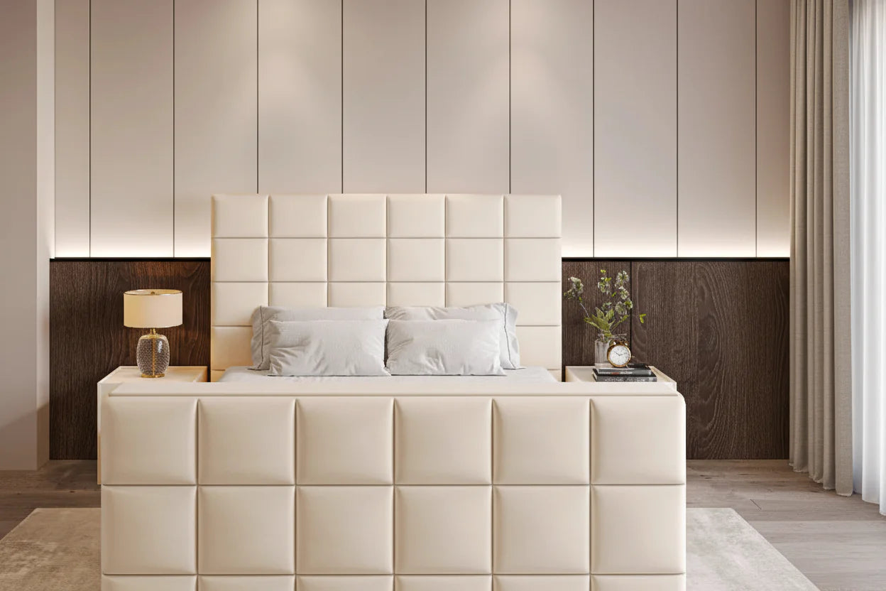 Cube Style TV Bed Frame with Integrated TV Lift – Upholstered Velvet