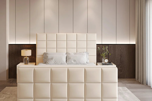 Cube Style TV Bed Frame with Integrated TV Lift – Upholstered Velvet