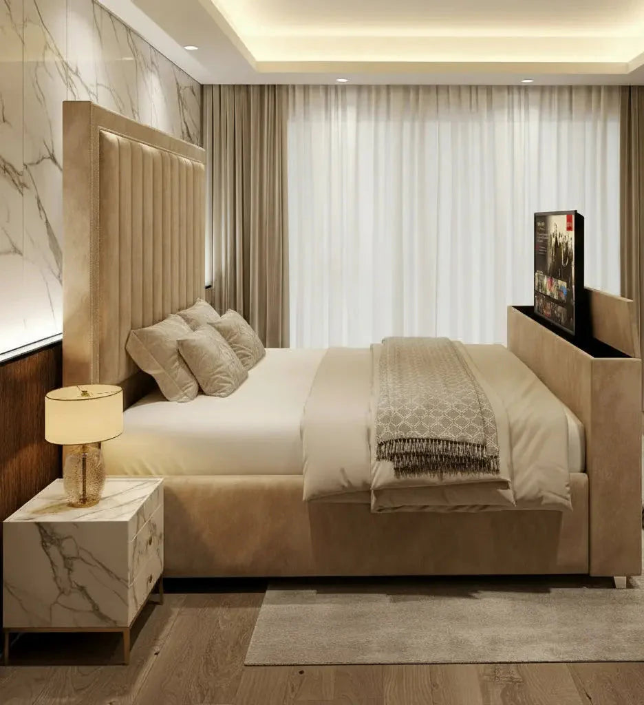 Amelia Upholstered Soft Velvet Phonematic TV Bespoke Bed Frame