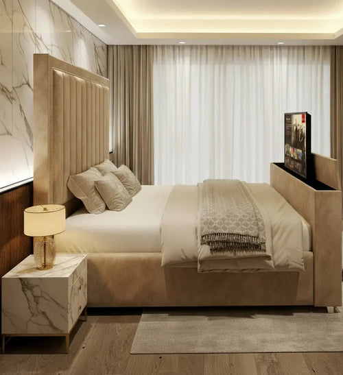 Amelia Upholstered Soft Velvet Phonematic TV Bespoke Bed Frame