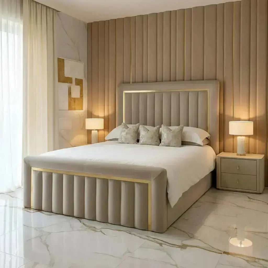 Elcante Bedstead in Plush Velvet – Mirrored Panel Headboard & Footboard | Luxury Handmade UK Bed