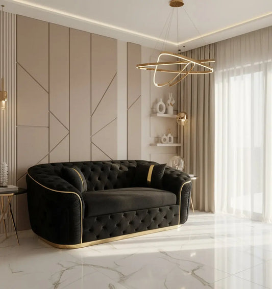 Ambassador 2-Seater Sofa – Black Velvet with Gold Detailing | Modern Luxury Sofa