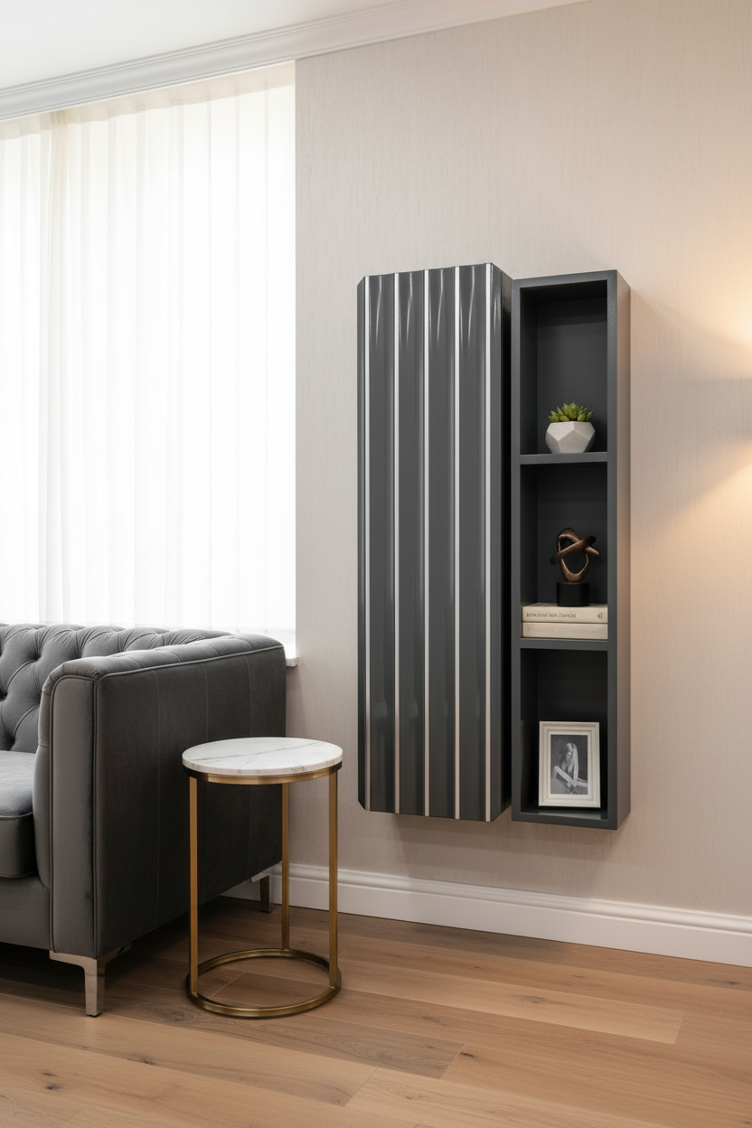 LOTUS WALL MOUNT CABINET + SHELF -GREY & CHROME F I L