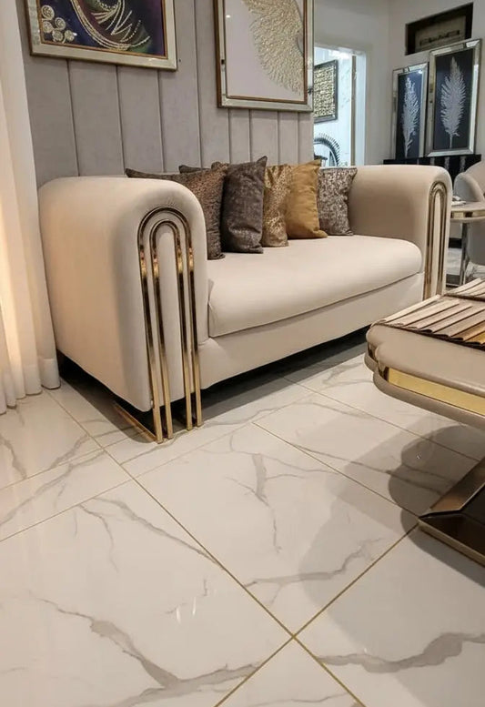 Elmira 2-Seater Cream Velvet Sofa with Gold Legs – Luxury Modern Sofa