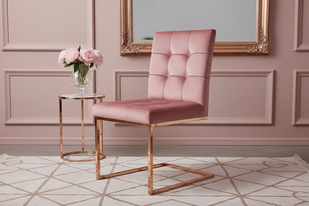 Atlanta Pink & Rose Gold Metal Plating Velvet Dining Chair REDUCED -
