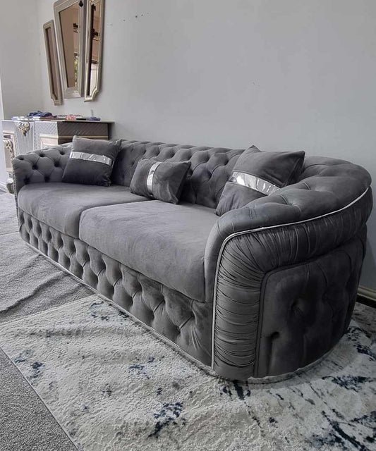 Ambassador Sofa Range – Grey V27 Velvet with Chrome Detailing | Luxury Modern Sofa Set