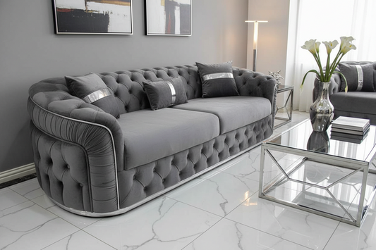 Ambassador 3 Seater Sofa Grey Velvet with Chrome Detailing | Luxury Modern Sofa Set CELEBRITY INTERIORS