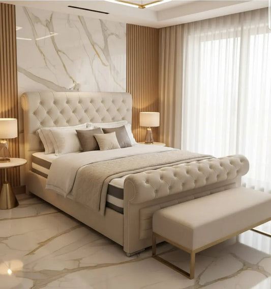 Sleigh Cubed Chesterfield Plush Velvet Bed Frame