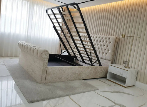 Sleigh Ottoman Gaslift Chesterfield Crushed Velvet Storage Bed – Bespoke Handmade Design