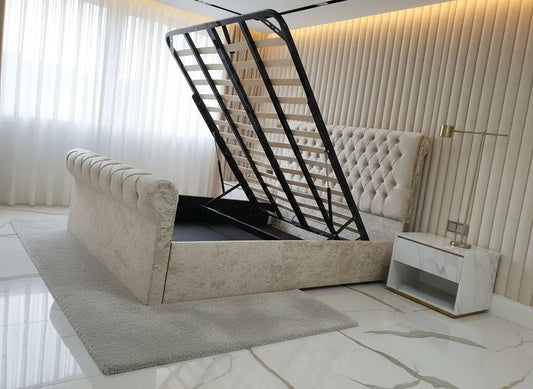 Sleigh Ottoman Gaslift Chesterfield Crushed Velvet Storage Bed – Bespoke Handmade Design