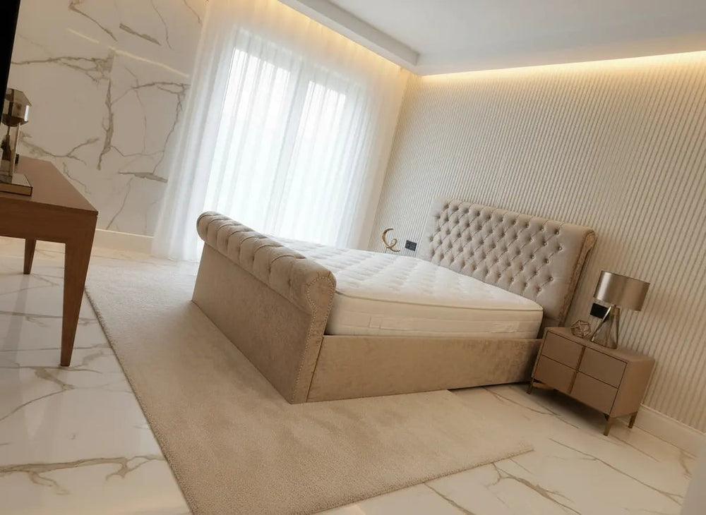 Sleigh Ottoman Gaslift Chesterfield Crushed Velvet Storage Bed – Bespoke Handmade Design