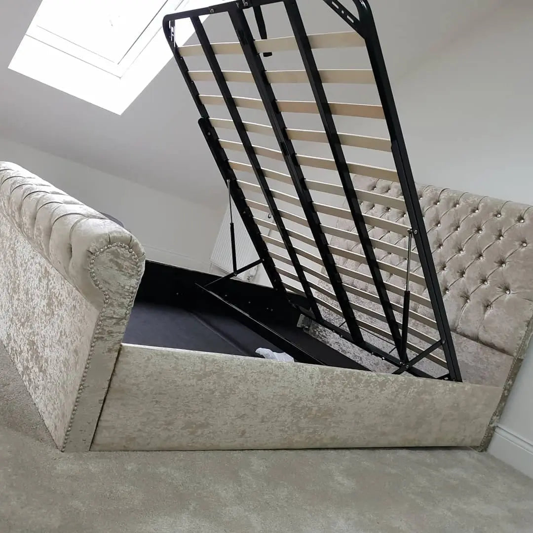 Sleigh Ottoman Gaslift Chesterfield Crushed Velvet Storage Bed – Bespoke Handmade Design