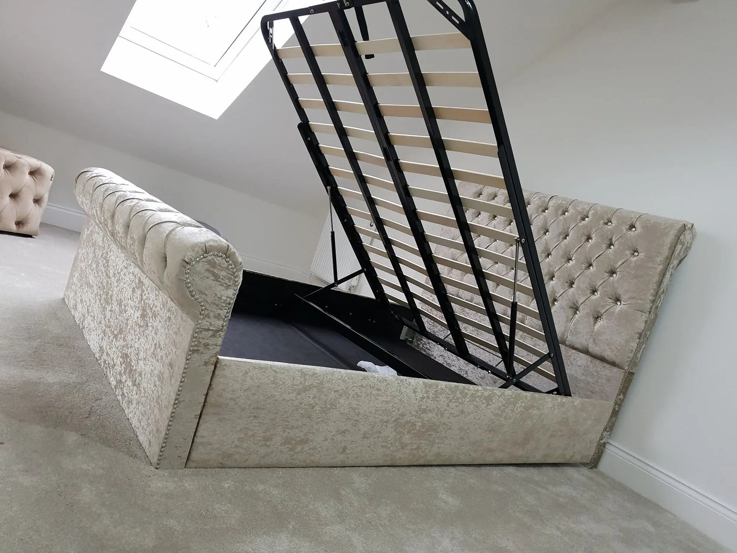 Sleigh Ottoman Gaslift Chesterfield Crushed Velvet Storage Bed – Bespoke Handmade Design