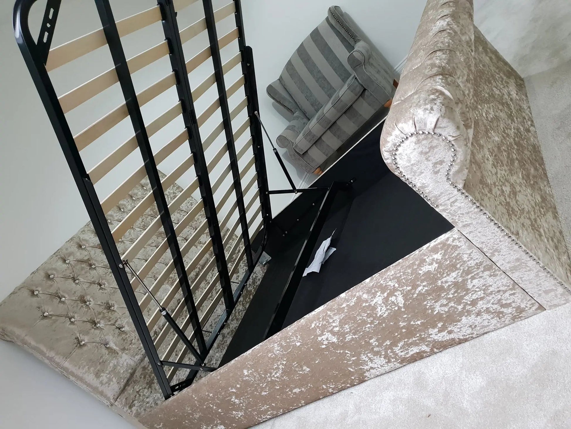 Sleigh Ottoman Gaslift Chesterfield Crushed Velvet Storage Bed – Bespoke Handmade Design