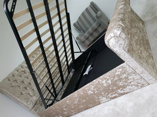 Sleigh Ottoman Gaslift Chesterfield Crushed Velvet Storage Bed – Bespoke Handmade Design