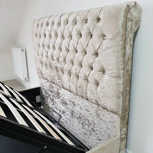 Sleigh Ottoman Gaslift Chesterfield Crushed Velvet Storage Bed – Bespoke Handmade Design