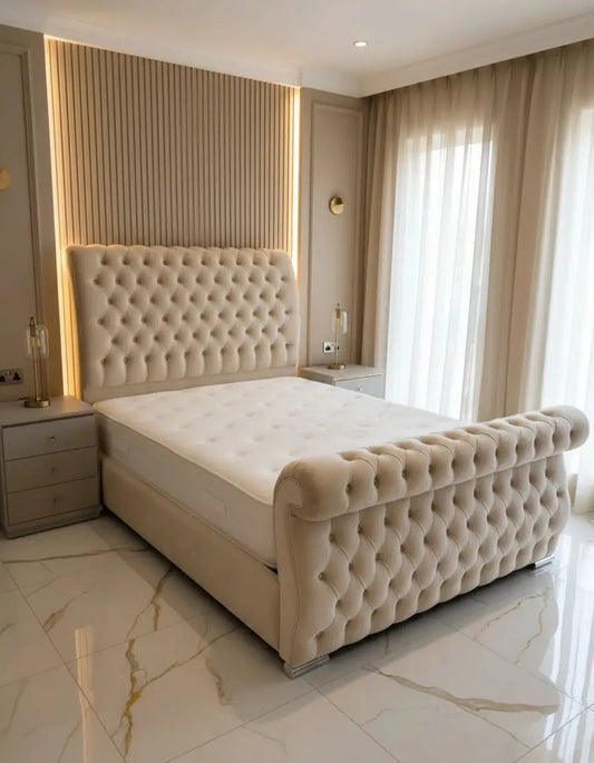 Swan Sleigh Chesterfield Plush Velvet Bed Frame