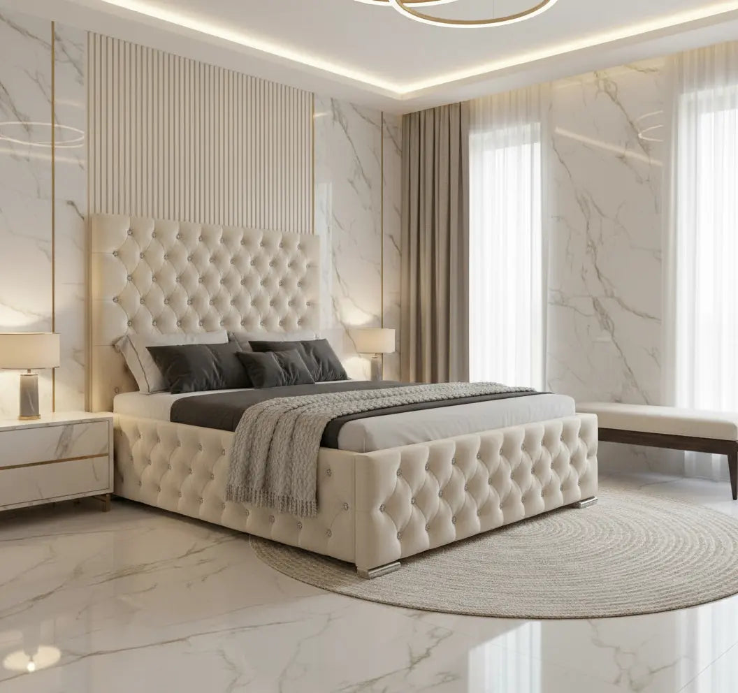 Majestic Plush Velvet Bed – Bespoke Wingback Bedstead (Handcrafted in the UK)