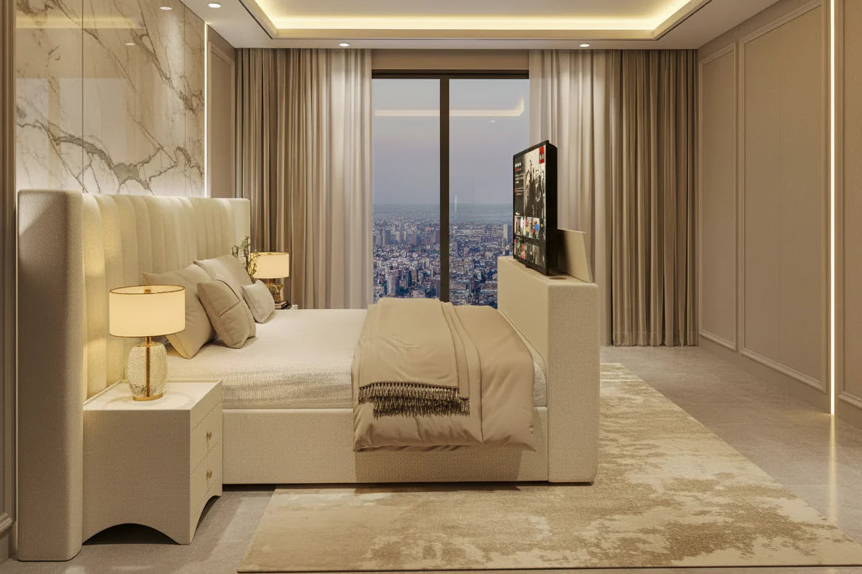 Alisson TV Bed Frame with Integrated TV Lift – Upholstered Velvet