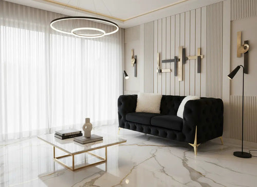 Hermes 2-Seater Chesterfield Sofa – Black Velvet with Gold Legs | Luxury Plush Sofa