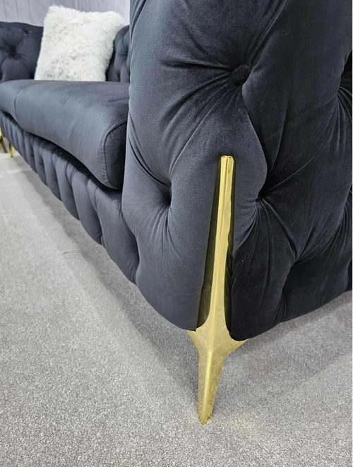 Hermes 2-Seater Chesterfield Sofa – Black Velvet with Gold Legs | Luxury Plush Sofa