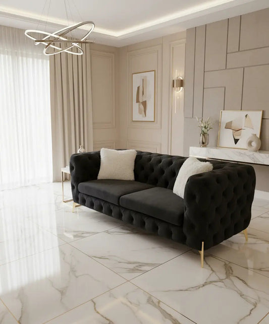 Hermes 2-Seater Chesterfield Sofa – Black Velvet with Gold Legs | Luxury Plush Sofa