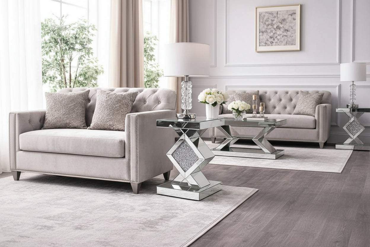 A modern living room features the Diamond Luxe Mirrored Side Table with a crystal lamp and white flowers beside a light gray tufted sofa on a patterned rug.