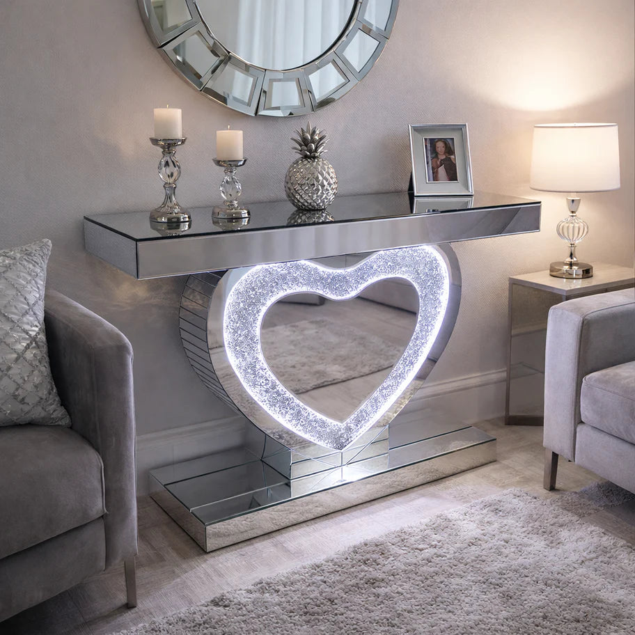Crushed Diamond Heart Console Table with LED Lighting