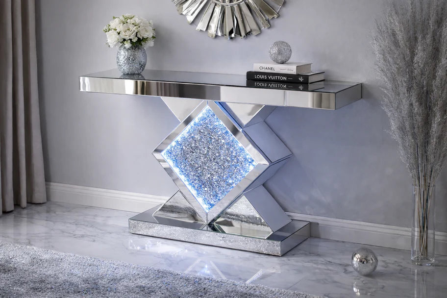 Roma Crushed Diamond Triangle Console Table with White LED
