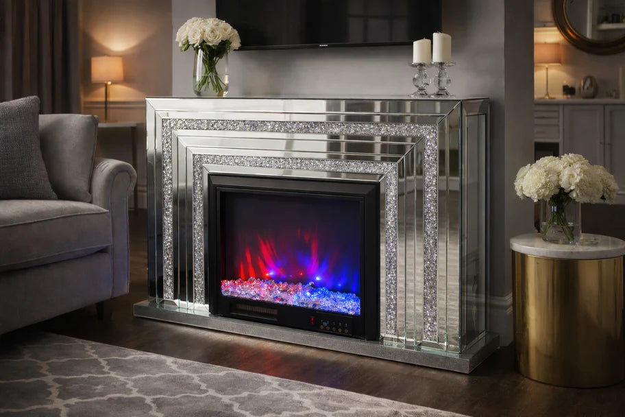 Crushed Diamond Mirrored Electric Fireplace with LED Colour Flames