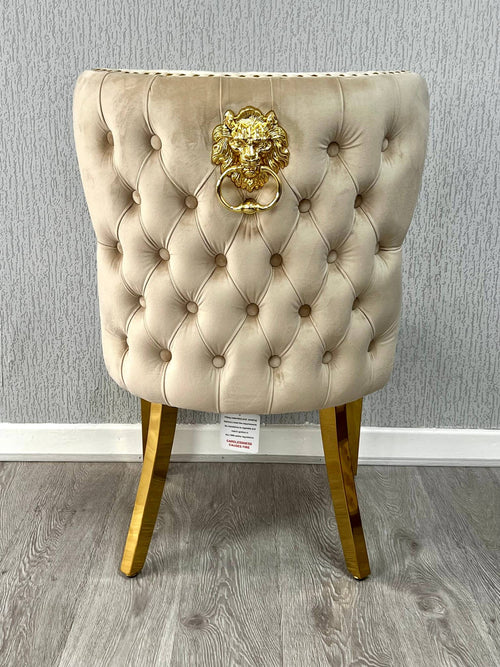 Set of 2 Valentino Gold Velvet Dining Chair – Luxury Upholstered Chair with Knockerback Options | Available in 2 Colours Mink Velvet Lion Knocker