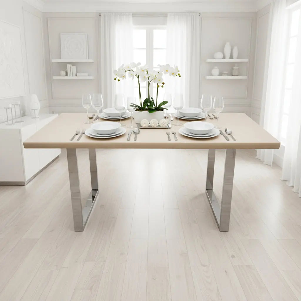 Freya 1.8m Dining Table – Solid Light Pine Wood with Chrome Legs