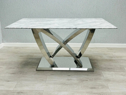 California Grey Marble Dining Table + Majestic Grey Velvet Dining Chairs – Modern Luxury Dining Set