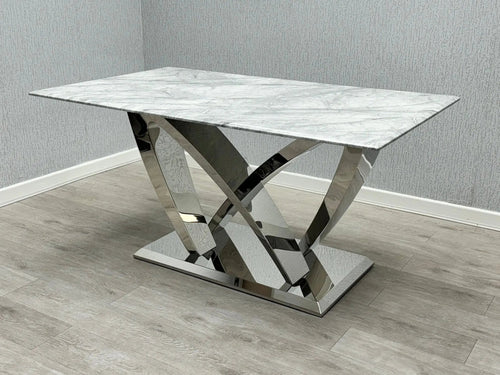 California Grey Marble Dining Table + Majestic Grey Velvet Dining Chairs – Modern Luxury Dining Set