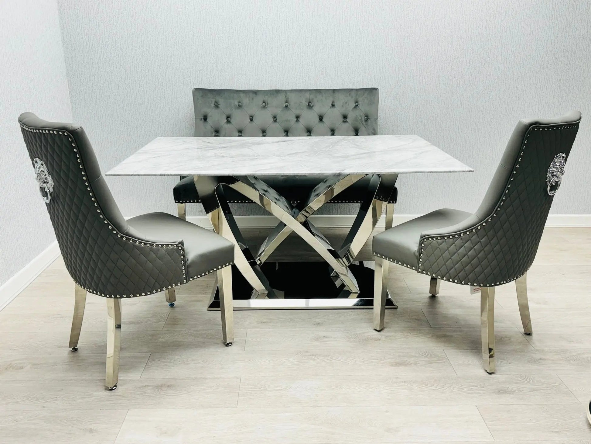 California Grey Marble Dining Table + Majestic Grey Velvet Dining Chairs – Modern Luxury Dining Set 1.6m Dining Table Set Of 4 Chairs Grey & Chrome