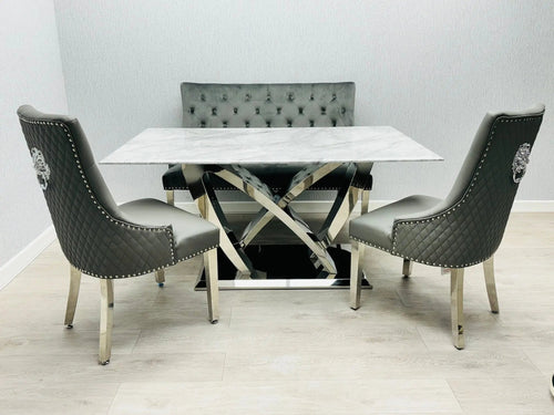California Grey Marble Dining Table + Majestic Grey Velvet Dining Chairs – Modern Luxury Dining Set 1.6m Dining Table Set Of 4 Chairs Grey & Chrome