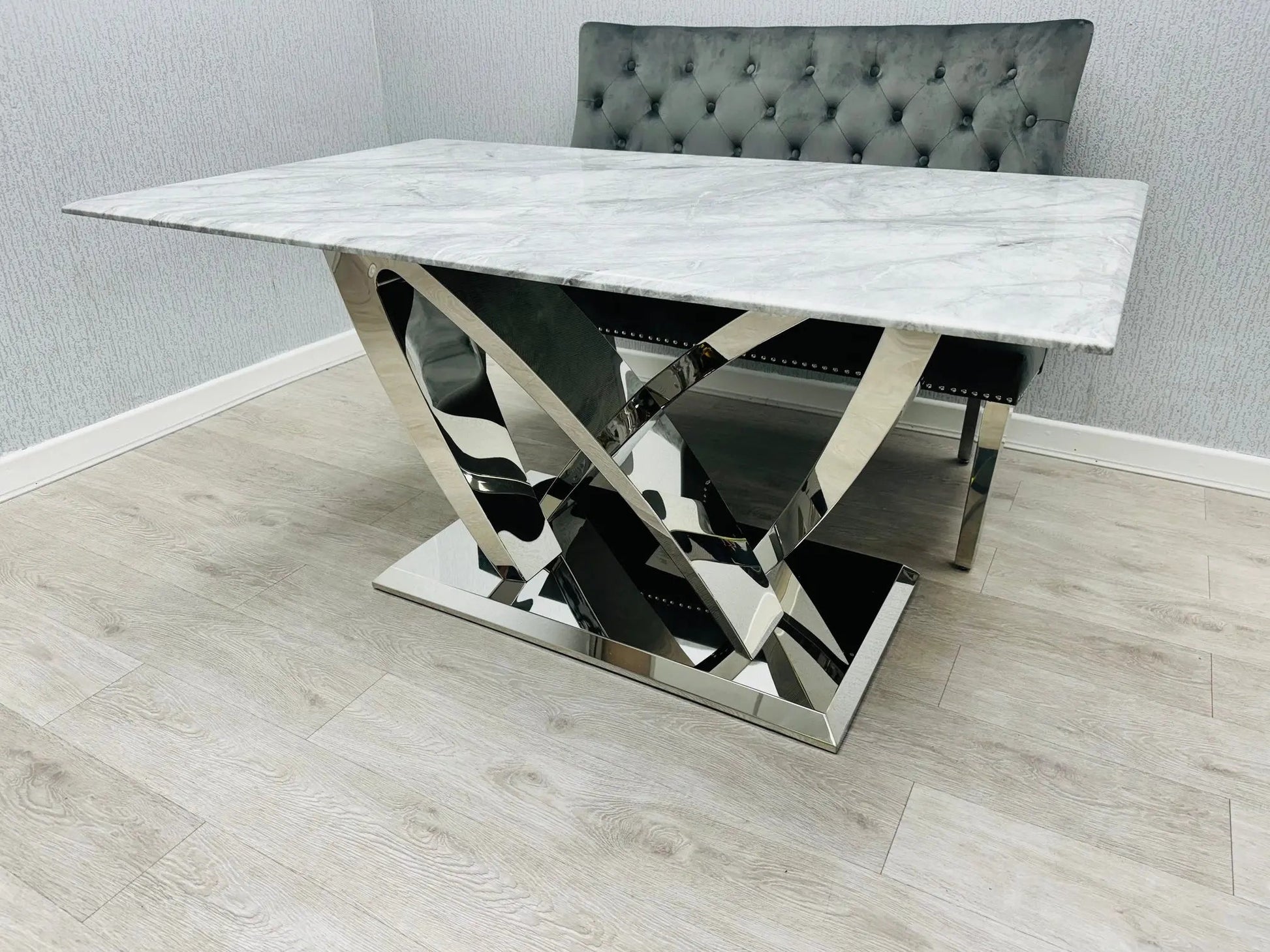 California Grey Marble Dining Table + Majestic Grey Velvet Dining Chairs – Modern Luxury Dining Set