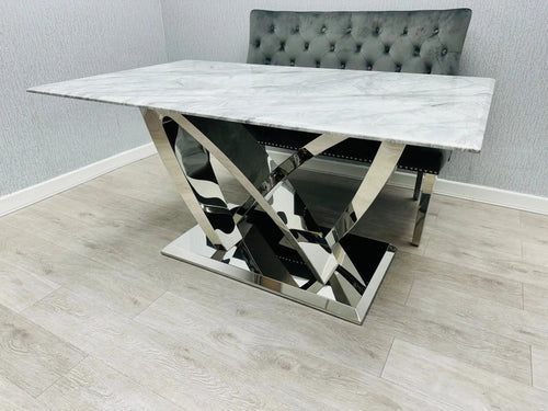 California Grey Marble Dining Table + Majestic Grey Velvet Dining Chairs – Modern Luxury Dining Set