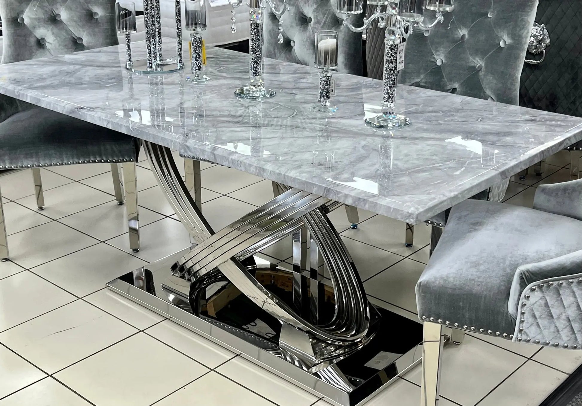 Elina 1.8m Grey Marble Dining Table with Chrome Sculptural Base