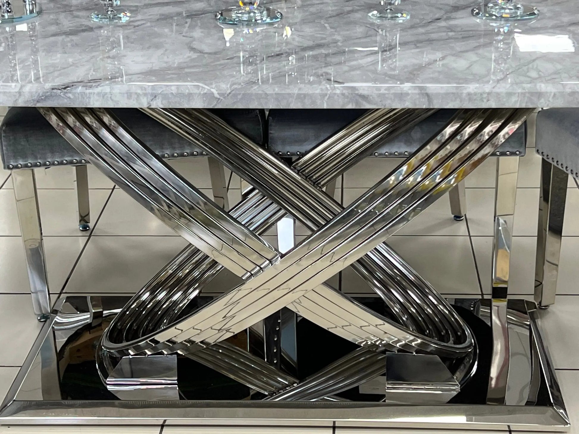 Elina 1.8m Grey Marble Dining Table with Chrome Sculptural Base