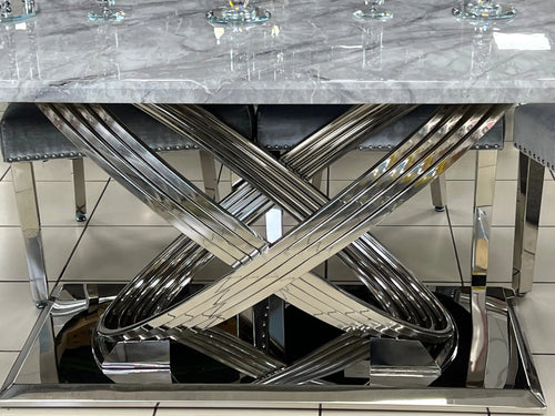 Elina 1.8m Grey Marble Dining Table with Chrome Sculptural Base
