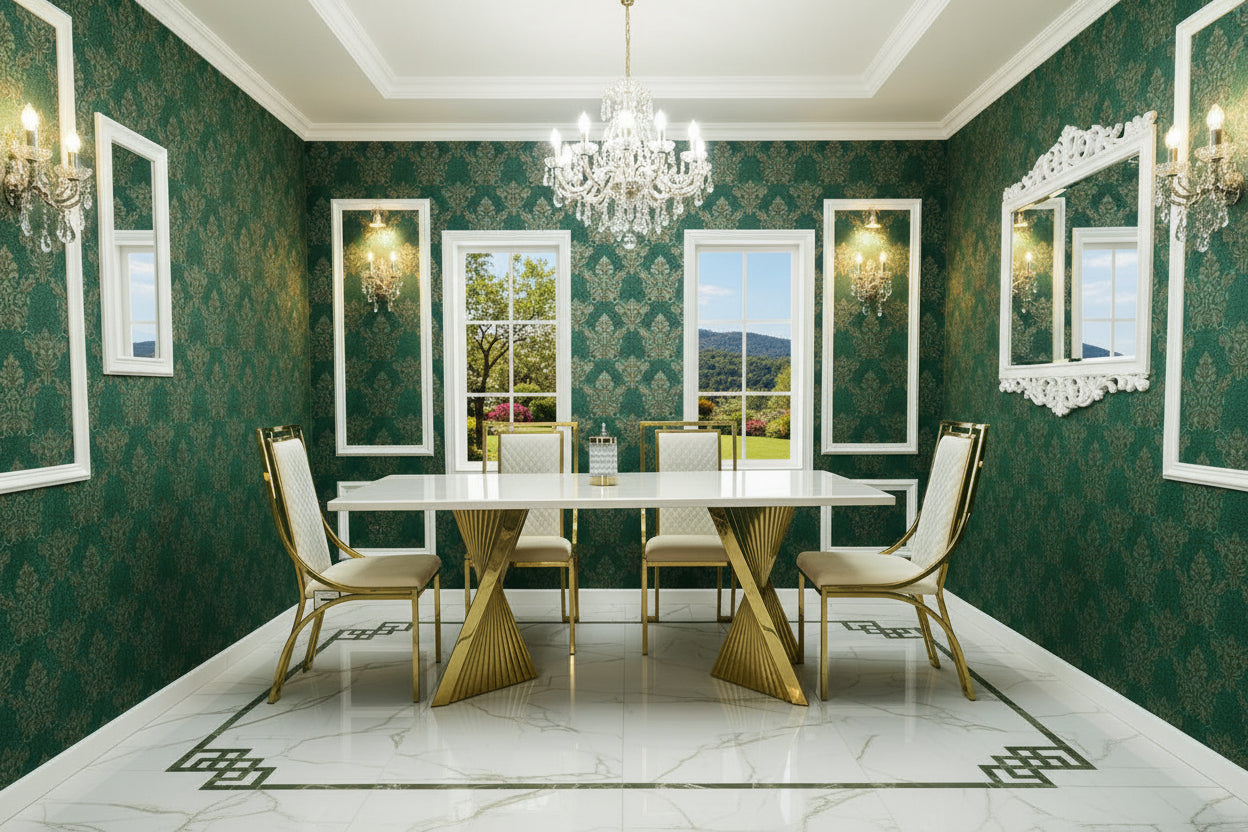Ravello Gold Marble Dining Table & Windsor Dining Chair Set